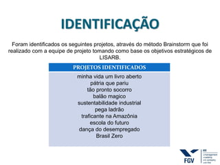 IDENTIFICAÇÃO
Foram identificados os seguintes projetos, através do método Brainstorm que foi
realizado com a equipe de projeto tomando como base os objetivos estratégicos de
LISARB.
PROJETOS IDENTIFICADOS
minha vida um livro aberto
pátria que pariu
tão pronto socorro
balão magico
sustentabilidade industrial
pega ladrão
traficante na Amazônia
escola do futuro
dança do desempregado
Brasil Zero
 
