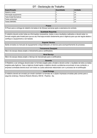 DT - Declaração de Trabalho
Especificação Quantidade Unidade
Relatório Anatel 1 un
Informação equipamento 3 un
Teste Anatel Normativos 1 un
Testes ambientais 3 un
Testes EMI/EMC 2 un
Prazos
O Prazo para a entrega do relatório de testes é de 2(duas) semanas após a assinatura do contrato.
Qualidade Requirida
O relatório deverá conter todas as informações necessárias, testes e seus resultados realizados e deverá estar no
formato exigido pela Anatel para que ao seu final seja enviado diretamente para à Agência para que ela regule ateste e
certifique o equipamento a ser testado
Suporte Técnico
Serão enviados os manuais do equipamento e disponibilizado um técnico para acompanhamento do processo.
Treinamento Desejado
Não é do escopo desse projeto o treinamento para a certificadora.
Nivel Serviço
Não é do escopo desse projeto o Serviço de manutenção para a certificadora.
Garantia
O Relatório a ser entregue deverá estar no formato exigido pela a Anatel e deverá conter o resultado de todos os testes
exigidos pela Agência. Caso a Agência Anatel rejeite o relatório devido a problemas encontrado no seu conteúdo, a
empresa contratada deverá arcar com todos os custos adicionais relacionado com o processo de re-certificação
Local Entrega
O relatório deverá ser enviado por email e também no formato de 3 cópias impressas enviadas pelo correio para o
seguinte endereço. Rodovia Roberto Moreira, KM 04 - Paulinia - Sp.
 