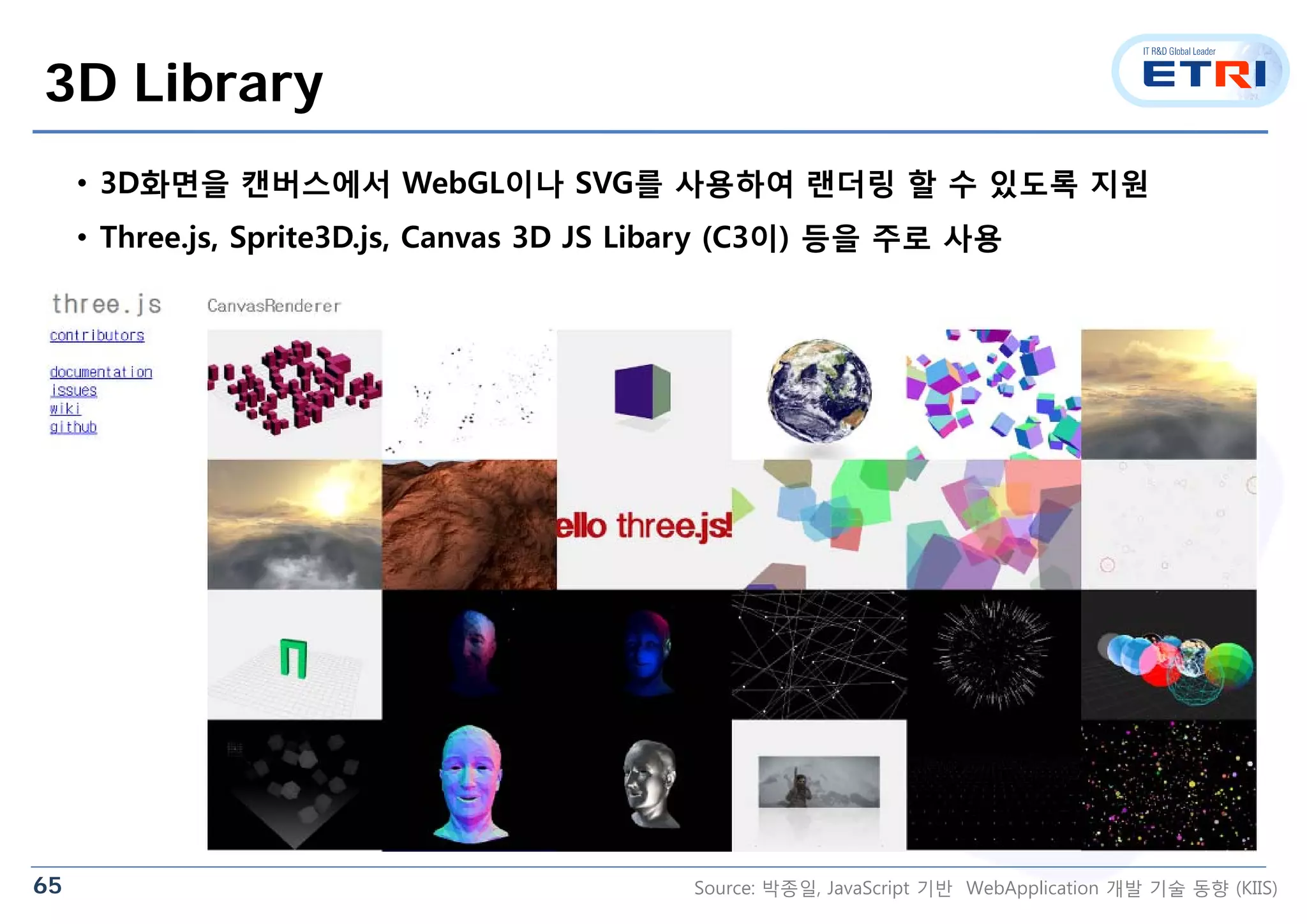 65
3D Library
• 3D화면을 캔버스에서 WebGL이나 SVG를 사용하여 랜더링 할 수 있도록 지원
• Three.js, Sprite3D.js, Canvas 3D JS Libary (C3이) 등을 주로 사용
Source: 박종일, JavaScript 기반 WebApplication 개발 기술 동향 (KIIS)
 