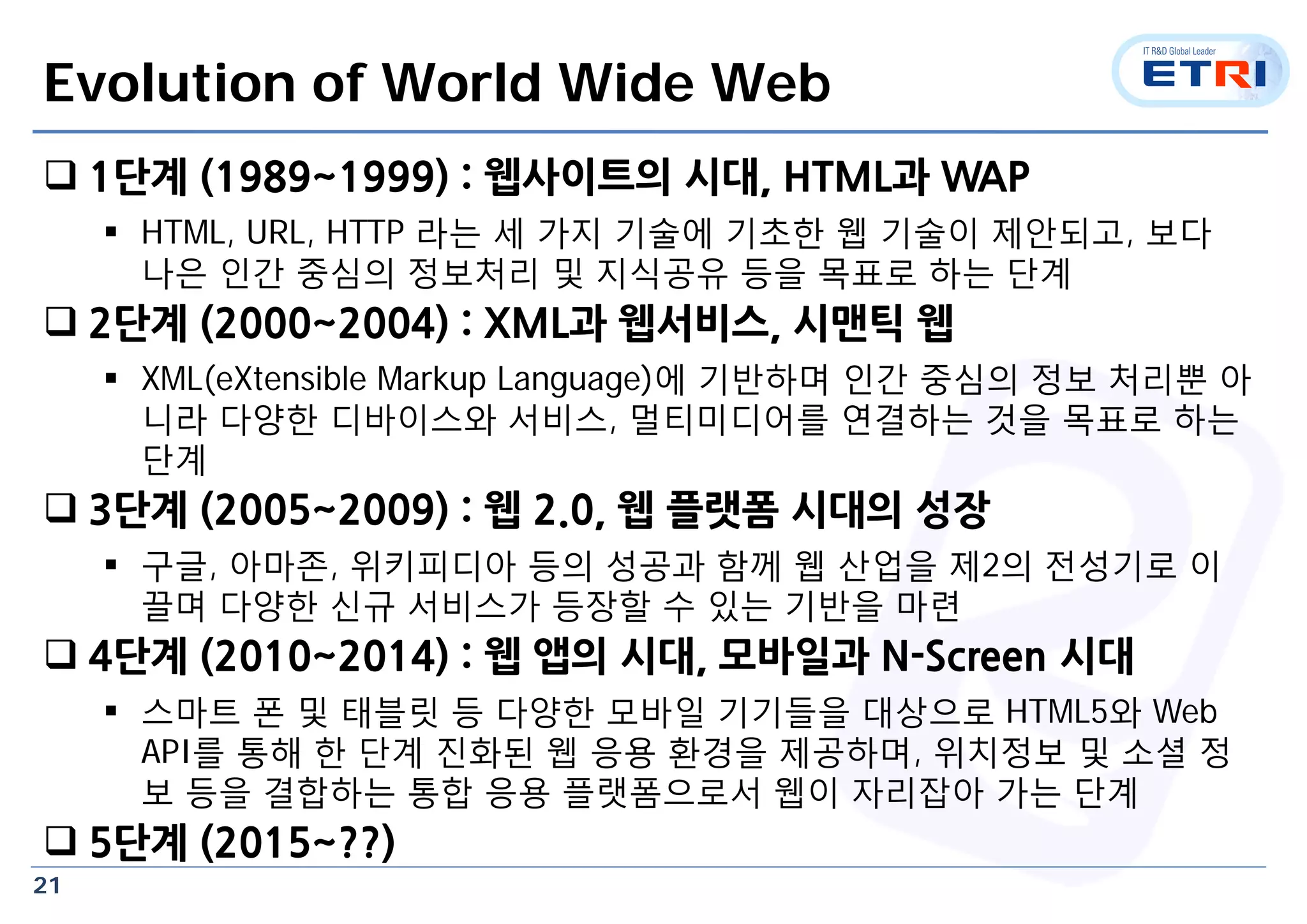 21
Evolution of World Wide Web
 1단계 (1989~1999) : 웹사이트의 시대, HTML과 WAP
 HTML, URL, HTTP 라는 세 가지 기술에 기초한 웹 기술이 제안되고, 보다
나은 인간 중심의 정보처리 및 지식공유 등을 목표로 하는 단계
 2단계 (2000~2004) : XML과 웹서비스, 시맨틱 웹
 XML(eXtensible Markup Language)에 기반하며 인간 중심의 정보 처리뿐 아
니라 다양한 디바이스와 서비스, 멀티미디어를 연결하는 것을 목표로 하는
단계
 3단계 (2005~2009) : 웹 2.0, 웹 플랫폼 시대의 성장
 구글, 아마존, 위키피디아 등의 성공과 함께 웹 산업을 제2의 전성기로 이
끌며 다양한 신규 서비스가 등장할 수 있는 기반을 마련
 4단계 (2010~2014) : 웹 앱의 시대, 모바일과 N-Screen 시대
 스마트 폰 및 태블릿 등 다양한 모바일 기기들을 대상으로 HTML5와 Web
API를 통해 한 단계 진화된 웹 응용 환경을 제공하며, 위치정보 및 소셜 정
보 등을 결합하는 통합 응용 플랫폼으로서 웹이 자리잡아 가는 단계
 5단계 (2015~??)
 