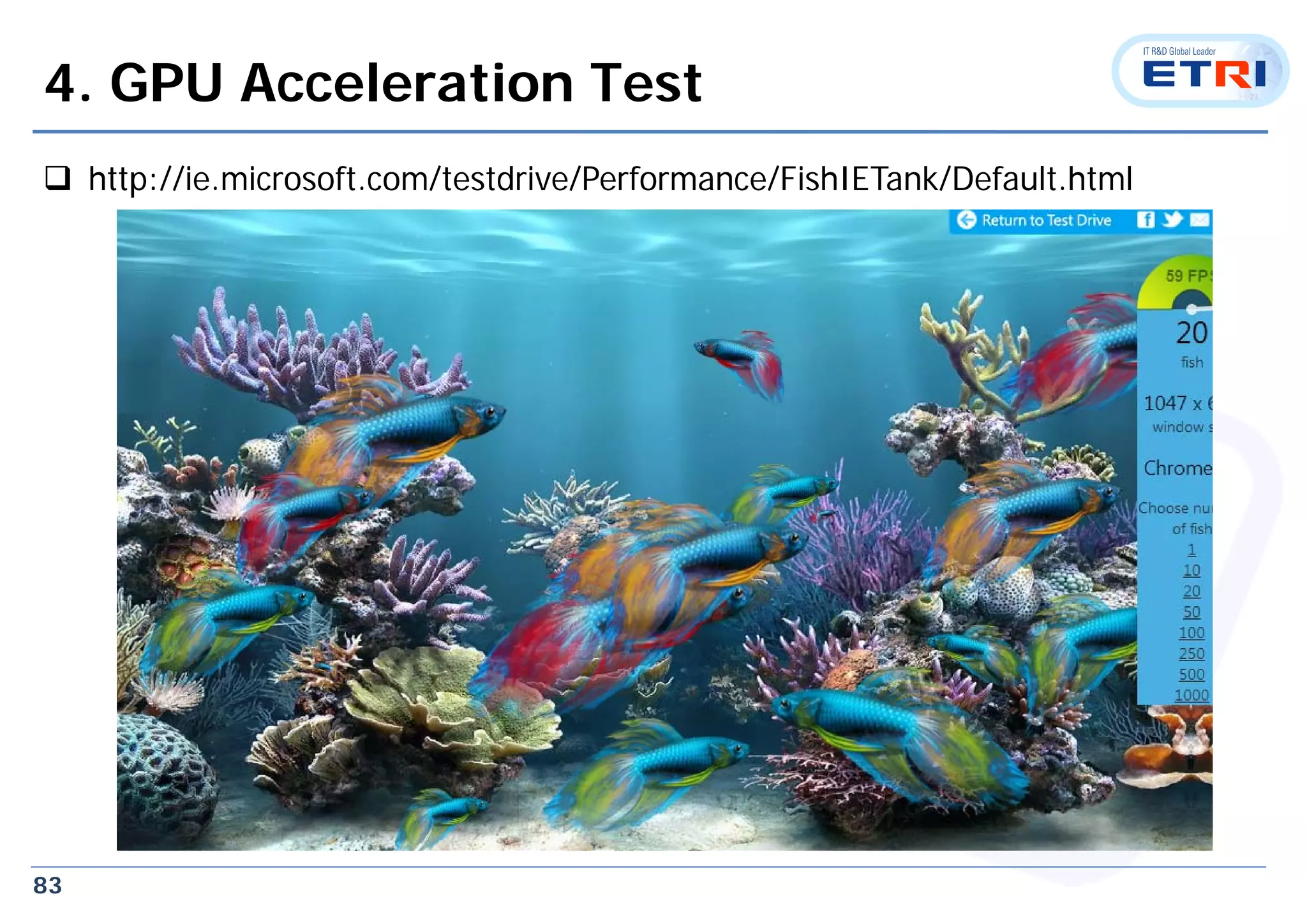83
4. GPU Acceleration Test
 http://ie.microsoft.com/testdrive/Performance/FishIETank/Default.html
 