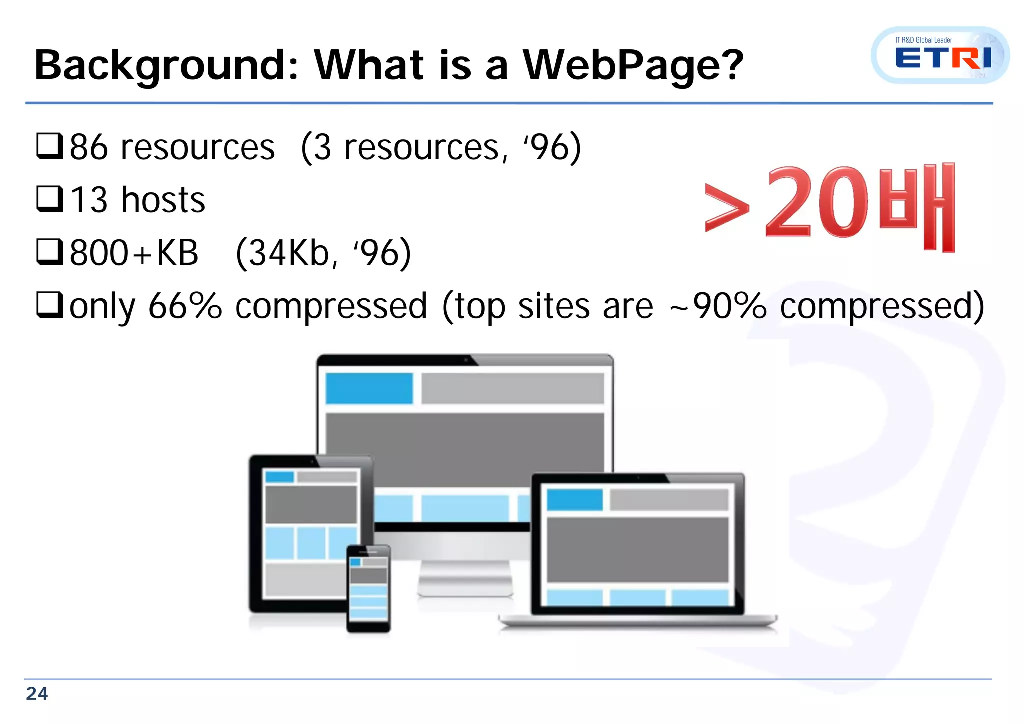 24
Background: What is a WebPage?
86 resources (3 resources, ‘96)
13 hosts
800+KB (34Kb, ‘96)
only 66% compressed (top sites are ~90% compressed)
 