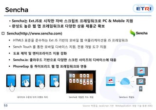 53
Sencha
 Sencha(http://www.sencha.com)
 HTML5 표준을 준수하는 Ext JS 기반의 모바일 웹 어플리케이션용 JS 프레임워크
 Sench Touch 를 통한 모바일 디바이스 지원, 전용 개발 도구 지원
 도표 제작 및 엔터프라이즈 지원 강화
 Sencha.io: 클라우드 기반으로 다양한 스크린 사이즈의 디바이스에 대응
 PhoneGap 등 하이브리드 웹 앱 프레임워크와 연동
네이티브 수준의 터치 이벤트 처리 Sencha로 개발한 카드 게임 Sencha.io 개념도
• Sencha는 Ext.JS로 시작한 자바 스크립트 프레임워크로 PC & Mobile 지원
• 완성도 높은 웹 앱 프레임워크로 다양한 상용 제품군 확보
Source: 박종일, JavaScript 기반 WebApplication 개발 기술 동향 (KIIS)
 