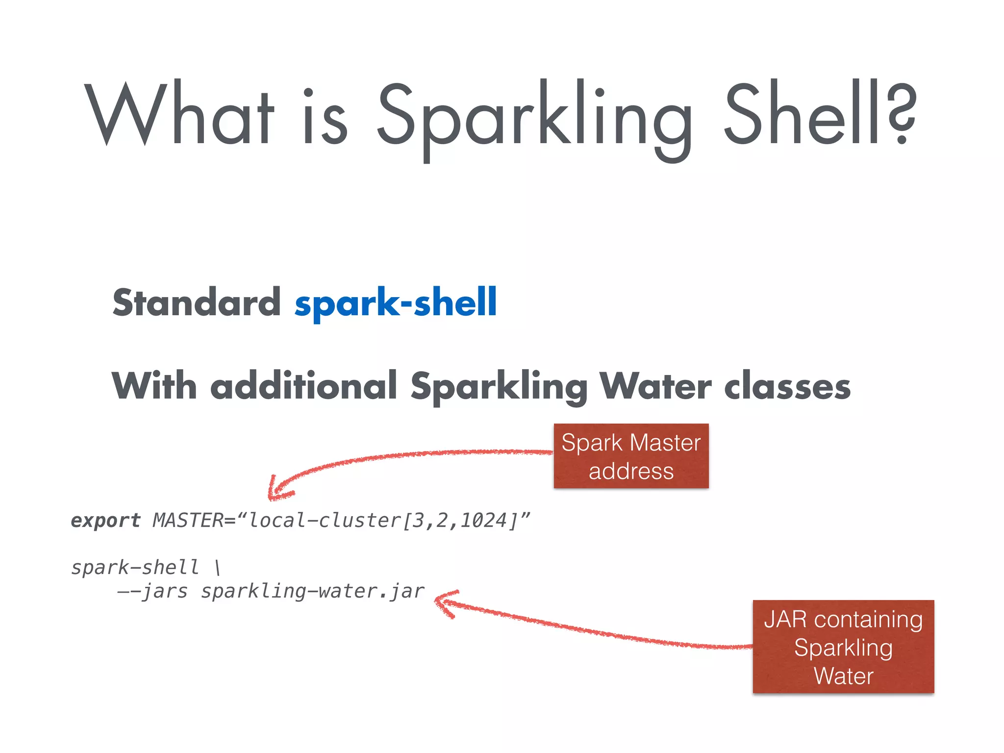 What is Sparkling Shell?
Standard spark-shell
With additional Sparkling Water classes
export MASTER=“local-cluster[3,2,1024]”
spark-shell 
—-jars sparkling-water.jar
JAR containing
Sparkling
Water
Spark Master
address
 