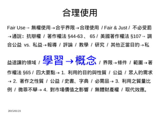 2015/01/21
合理使用
Fair Use→ 無權使用→合乎界限→合理使用 / Fair & Just / 不必受罰
→通說：抗辯權 / 著作權法 §44-63 、 65 / 美國著作權法 §107→ 調
合公益 vs. 私益→報導 / 評論 / 教學 / 研究 / 其他正當目的→私
益退讓的領域 / 學習→概念 / 界限→條件 / 範圍→著
作權法 §65 / 四大要點→ 1. 利用的目的與性質 / 公益 / 眾人的需求
→ 2. 著作之性質 / 公益 / 史書、字典 / 必需品→ 3. 利用之質量比
例 / 微罪不舉→ 4. 對市場價值之影響 / 無體財產權 / 取代效應。
 