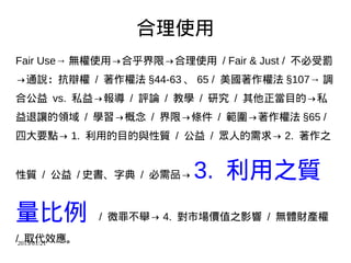 2015/01/21
合理使用
Fair Use→ 無權使用→合乎界限→合理使用 / Fair & Just / 不必受罰
→通說：抗辯權 / 著作權法 §44-63 、 65 / 美國著作權法 §107→ 調
合公益 vs. 私益→報導 / 評論 / 教學 / 研究 / 其他正當目的→私
益退讓的領域 / 學習→概念 / 界限→條件 / 範圍→著作權法 §65 /
四大要點→ 1. 利用的目的與性質 / 公益 / 眾人的需求→ 2. 著作之
性質 / 公益 / 史書、字典 / 必需品→ 3. 利用之質
量比例 / 微罪不舉→ 4. 對市場價值之影響 / 無體財產權
/ 取代效應。
 