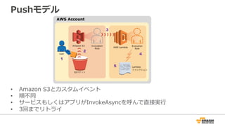 Pushモデル
•  Amazon  S3とカスタムイベント
•  順不不同
•  サービスもしくはアプリがInvokeAsyncを呼んで直接実⾏行行
•  3回までリトライ
 