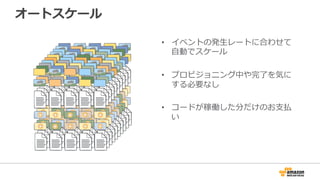 オートスケール
•  イベントの発⽣生レートに合わせて
⾃自動でスケール
•  プロビジョニング中や完了了を気に
する必要なし
•  コードが稼働した分だけのお⽀支払
い
 