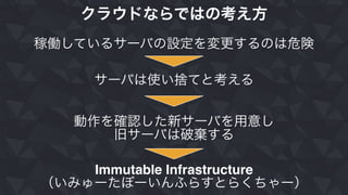 クラウドならではの考え方
稼働しているサーバの設定を変更するのは危険
サーバは使い捨てと考える
動作を確認した新サーバを用意し
旧サーバは破棄する
Immutable Infrastructure
（いみゅーたぼーいんふらすとらくちゃー）
 