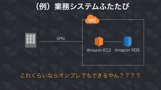 （例）業務システムふたたび
Amazon EC2 Amazon RDS
VPN
これくらいならオンプレでもできるやん？？？？
 