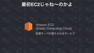 最初EC2じゃね∼のかよ
Amazon EC2
(Elastic Computing Cloud)
仮想サーバが借りられるサービス
 