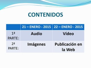 CONTENIDOS
21 – ENERO - 2015 22 – ENERO - 2015
1ª
PARTE:
Audio Vídeo
2ª
PARTE:
Imágenes Publicación en
la Web