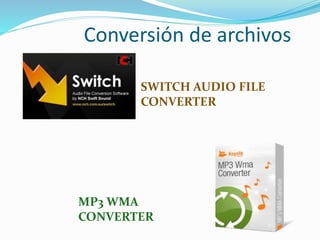 Conversión de archivos
SWITCH AUDIO FILE
CONVERTER
MP3 WMA
CONVERTER