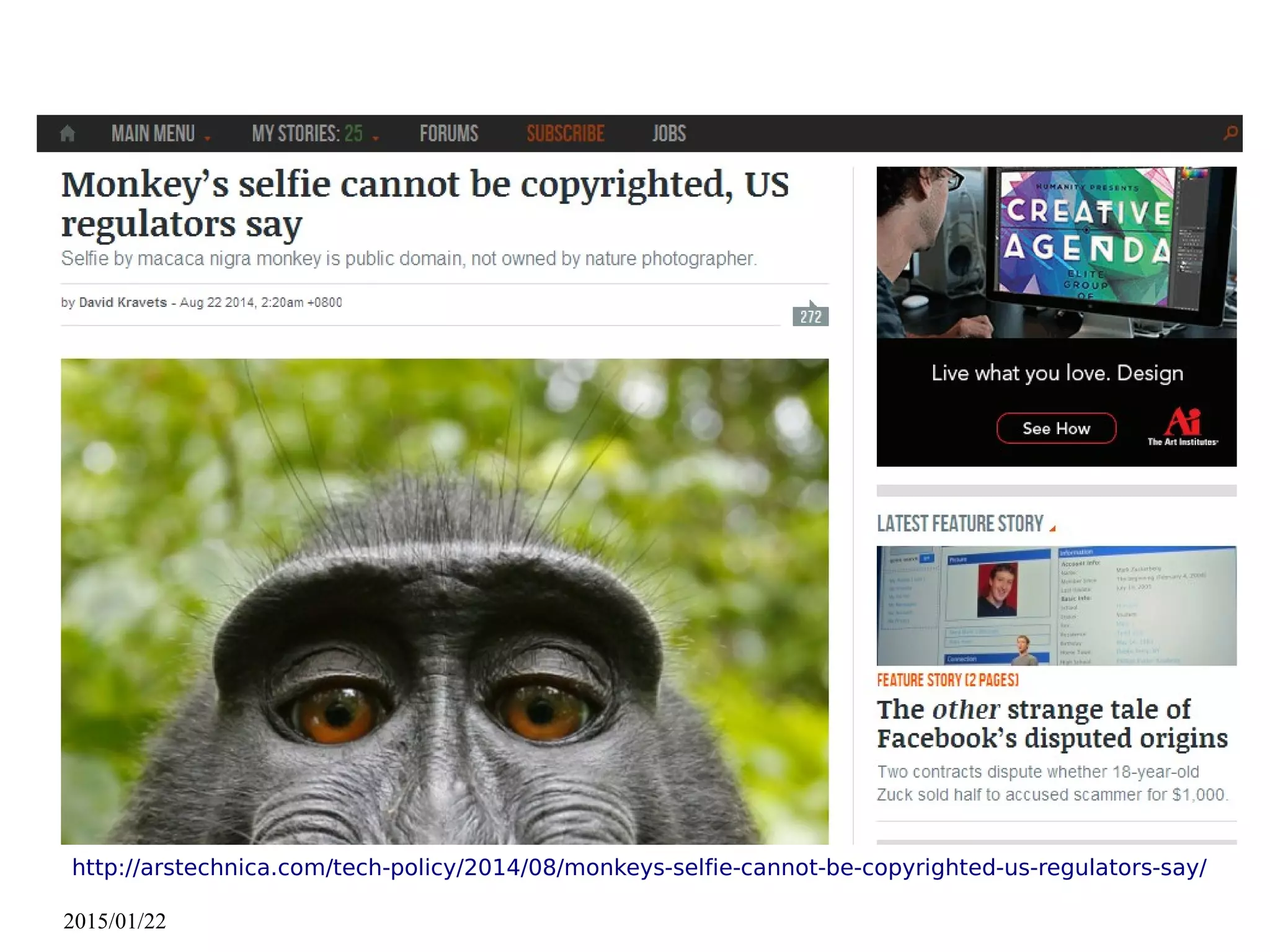 2015/01/22
http://arstechnica.com/tech-policy/2014/08/monkeys-selfie-cannot-be-copyrighted-us-regulators-say/
 