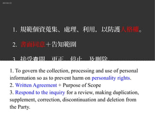 2015/01/22
1. 規範個資蒐集、處理、利用，以防護人格權。
2. 書面同意＋告知範圍
3. 接受 閱、更正、停止、及刪除。查
1. To govern the collection, processing and use of personal
information so as to prevent harm on personality rights.
2. Written Agreement + Purpose of Scope
3. Respond to the inquiry for a review, making duplication,
supplement, correction, discontinuation and deletion from
the Party.
 