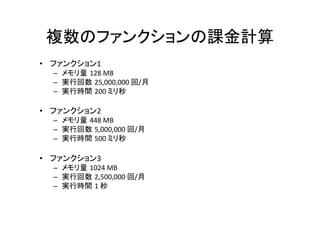 複数のファンクションの課金計算	
•  ファンクション1	
  
–  メモリ量 128	
  MB	
  
–  実行回数 25,000,000	
  回/月	
  
–  実行時間 200	
  ミリ秒	
•  ファンクション2	
  
–  メモリ量 448	
  MB	
  
–  実行回数 5,000,000	
  回/月	
  
–  実行時間 500	
  ミリ秒	
•  ファンクション3	
  
–  メモリ量 1024	
  MB	
  
–  実行回数 2,500,000	
  回/月	
  
–  実行時間 1	
  秒	
 
