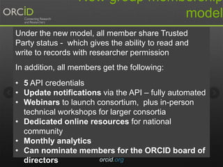New group membership
model
orcid.org
Under the new model, all member share Trusted
Party status - which gives the ability ...