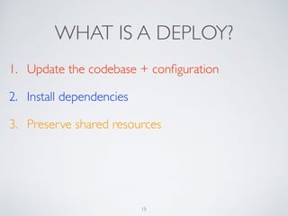 WHAT IS A DEPLOY?
1. Update the codebase + conﬁguration
2. Install dependencies
3. Preserve shared resources
15
 