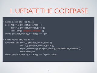 1. UPDATETHE CODEBASE
- name: Clone project files
git: repo={{ project_git_repo }}
dest={{ project_source_path }}
version={{ project_version }}
when: project_deploy_strategy == 'git'
- name: Rsync project files
synchronize: src={{ project_local_path }}
dest={{ project_source_path }}
rsync_timeout={{ project_deploy_synchronize_timeout }}
recursive=yes
when: project_deploy_strategy == 'synchronize'
25
 