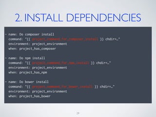 2. INSTALL DEPENDENCIES
- name: Do composer install
command: "{{ project_command_for_composer_install }} chdir=…"
environment: project_environment
when: project_has_composer
- name: Do npm install
command: "{{ project_command_for_npm_install }} chdir=…"
environment: project_environment
when: project_has_npm
- name: Do bower install
command: "{{ project_command_for_bower_install }} chdir=…"
environment: project_environment
when: project_has_bower
29
 