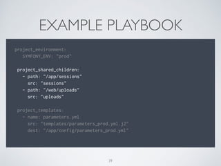 EXAMPLE PLAYBOOK
project_environment:
SYMFONY_ENV: "prod"
project_shared_children:
- path: "/app/sessions"
src: "sessions"
- path: "/web/uploads"
src: "uploads"
project_templates:
- name: parameters.yml
src: "templates/parameters_prod.yml.j2"
dest: "/app/config/parameters_prod.yml"
39
 