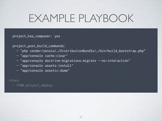 EXAMPLE PLAYBOOK
project_has_composer: yes
project_post_build_commands:
- "php vendor/sensio/…/DistributionBundle/…/bin/build_bootstrap.php”
- "app/console cache:clear"
- "app/console doctrine:migrations:migrate --no-interaction"
- "app/console assets:install"
- "app/console assetic:dump"
roles:
- f500.project_deploy
41
 