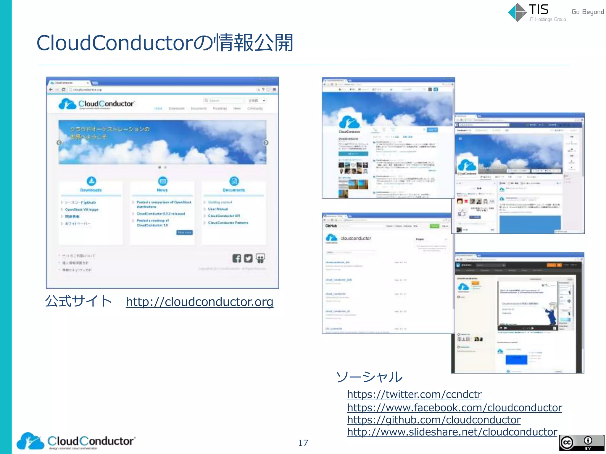 CloudConductorの情報公開
17
公式サイト http://cloudconductor.org
ソーシャル
https://twitter.com/ccndctr
https://www.facebook.com/cloudconductor
https://github.com/cloudconductor
http://www.slideshare.net/cloudconductor
 