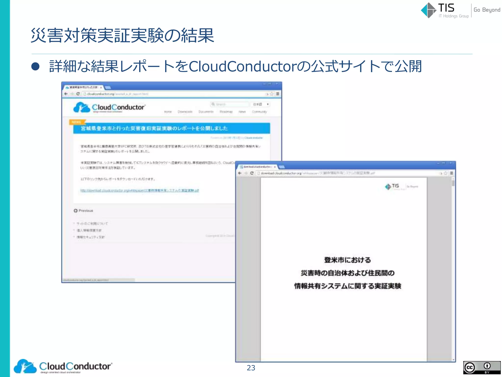 災害対策実証実験の結果
 詳細な結果レポートをCloudConductorの公式サイトで公開
23
 