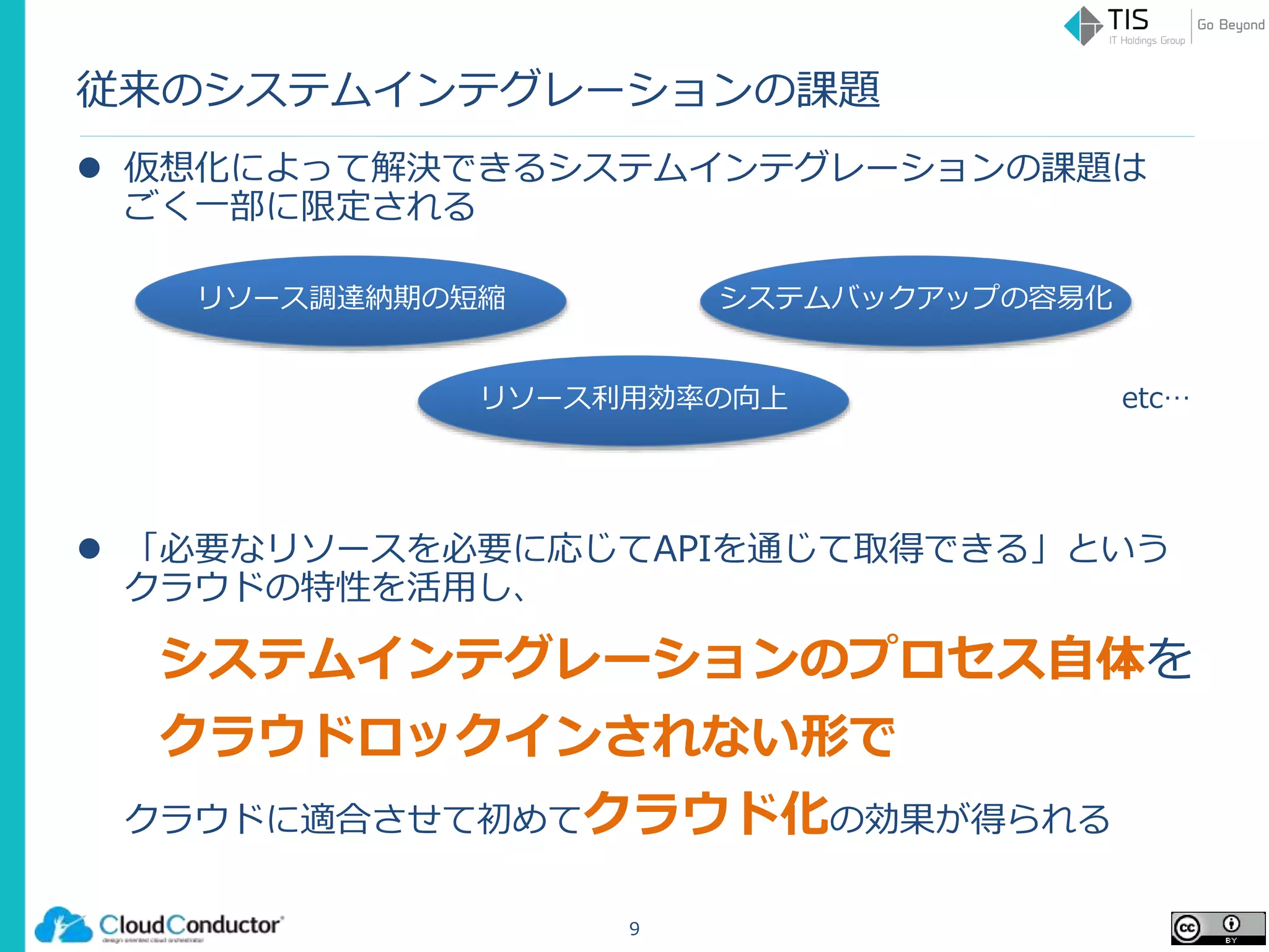 従来のシステムインテグレーションの課題
 仮想化によって解決できるシステムインテグレーションの課題は
ごく一部に限定される
 「必要なリソースを必要に応じてAPIを通じて取得できる」という
クラウドの特性を活用し、
システムインテグレーションのプロセス自体を
クラウドロックインされない形で
クラウドに適合させて初めてクラウド化の効果が得られる
9
リソース利用効率の向上
リソース調達納期の短縮 システムバックアップの容易化
etc…
 