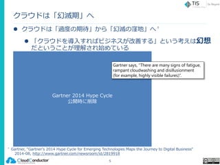Gartner 2014 Hype Cycle
公開時に削除
クラウドは「幻滅期」へ
 クラウドは「過度の期待」から「幻滅の窪地」へ†
 「クラウドを導入すればビジネスが改善する」という考えは幻想
だということが理解され始めている
5
† Gartner, “Gartner's 2014 Hype Cycle for Emerging Technologies Maps the Journey to Digital Business“
2014-08, http://www.gartner.com/newsroom/id/2819918
Gartner says, “There are many signs of fatigue,
rampant cloudwashing and disillusionment
(for example, highly visible failures)”.
 