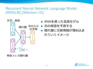 Recurrent Neural Network Language Model
(RNNLM) [Mikolov+10]
l  RNNを使った⾔言語モデル
l  次の単語を予測する
l  隠れ層に⽂文脈情報が埋め込ま
れていくイメージ
15	
⽂文字、単語
時刻  t-‐‑‒1  の隠れ層
隠れ層 次の⼊入⼒力力
の予測
コピー
 