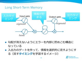 Long Short-Term Memory
l  勾配が消えないようにエラーを内部に貯めこむ構造に
なっている
l  ⼊入出⼒力力のゲートを作って、情報を選択的に流流すようにす
る（流流すタイミングを学習するイメージ）
18	
情報が貯
まる
出⼒力力タイ
ミング
⼊入⼒力力タイ
ミング
 