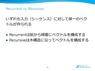 Recurrent vs Recursive
いずれも⼊入⼒力力（シーケンス）に対して単⼀一のベク
トルが作られる
l  Recurrentは前から順番にベクトルを構成する
l  Recursiveは⽊木構造に沿ってベクトルを構成する
26	
 