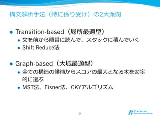 構⽂文解析⼿手法（特に係り受け）の2⼤大派閥
l  Transition-based（局所最適型）
l  ⽂文を前から順番に読んで、スタックに積んでいく
l  Shift-Reduce法
l  Graph-based（⼤大域最適型）
l  全ての構造の候補からスコアの最⼤大となる⽊木を効率率率
的に選ぶ
l  MST法、Eisner法、CKYアルゴリズム
31	
 