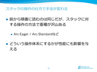 スタックの操作の仕⽅方で⼿手法が変わる
l  前から順番に読むのは同じだが、スタックに対
する操作の⽅方法で亜種が沢⼭山ある
l  Arc-Eager / Arc-Standardなど
l  どういう操作体系にするかが性能にも影響を与
える
34	
 