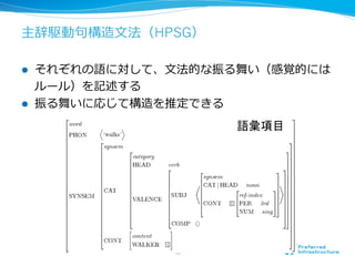 主辞駆動句句構造⽂文法（HPSG）
l  それぞれの語に対して、⽂文法的な振る舞い（感覚的には
ルール）を記述する
l  振る舞いに応じて構造を推定できる
45	
語彙項目	
[宮尾12]など参照	
 