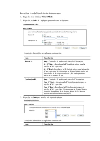 Para utilizar el modo Wizard, siga los siguientes pasos:
1. Haga clic en el botón de Wizard Mode.
2. Haga clic en Index 1. La página aparecerá como la siguiente:
Los ajustes disponibles se explican a continuación:
Ítem Descripción
Source IP Any – Cualquier IP será tratada como la IP de origen.
Src IP Start – Introduzca la IP inicial de origen para la
interfaz WAN específica.
Src IP End – Introduzca la IP final de origen para la interfaz
WAN específica. Si este campo se deja en blanco, todas las
direcciones IP de origen dentro de LAN serán pasadas a
través de la interfaz WAN.
Destination IP Any – Cualquier IP será tratada como la IP de destino.
Dest IP Start – Introduzca la IP inicial de destino para la
interfaz WAN específica.
Dest IP End – Introduzca la IP final de destino para la
interfaz WAN específica. Si este campo se deja en blanco,
todas las direcciones IP de destino dentro de LAN serán
pasadas a través de la interfaz WAN.
3. Haga clic en Next para acceder a la siguiente página.
Los ajustes disponibles se explican a continuación:
Ítem Descripción
3
 