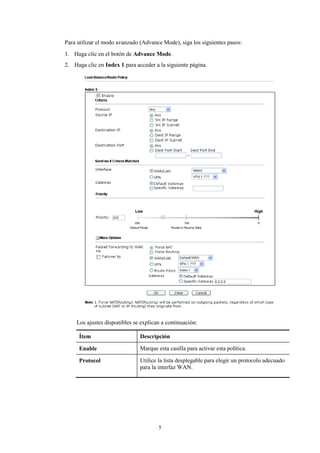 Para utilizar el modo avanzado (Advance Mode), siga los siguientes pasos:
1. Haga clic en el botón de Advance Mode.
2. Haga clic en Index 1 para acceder a la siguiente página.
Los ajustes disponibles se explican a continuación:
Ítem Descripción
Enable Marque esta casilla para activar esta política.
Protocol Utilice la lista desplegable para elegir un protocolo adecuado
para la interfaz WAN.
5
 