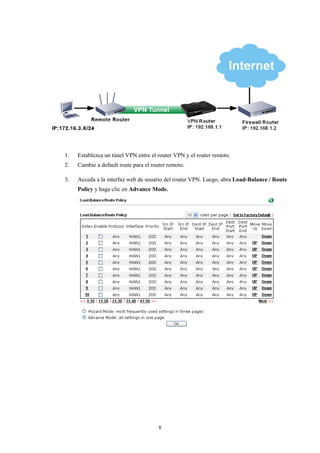 1. Establezca un túnel VPN entre el router VPN y el router remoto.
2. Cambie a default route para el router remoto.
3. Acceda a la interfaz web de usuario del router VPN. Luego, abra Load-Balance / Route
Policy y haga clic en Advance Mode.
8
 