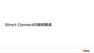 課⾦体系
AWS Direct Connectの⽉額利⽤料
① ポート使⽤料
＋
② データ転送料
データ転送料⾦は
・Virtual Interfaceを利⽤しているVPCのオーナーアカウントに課⾦
・パブリック接続の場合、パブリック上のリソースを所有している
オーナーアカウントに課⾦
 