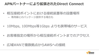 物理接続
ルータ
Patch Panel
Patch Panel
Patch Panel
ルータ
Patch Panel
クロスコネクト
相互接続ポイント拠点
AWSラックパートナー様/
お客様ラック
Meet-Me Room
お客様拠点
AWS
お客様/
パートナー様
それぞれのリージョン
 