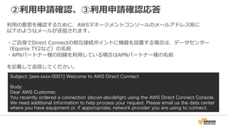 ①Direct Connect利⽤申請 (cont)
Connectionsのリストに作成したConnectionが表⽰される。
Statusは”requested”
 