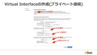 ⑥配線完了
配線が完了すると、AWSマネージメントコンソールの[Direct Connect]-
[Connections]から回線を確認することができます。
 