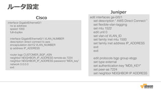 BGPとは？
BGP(Border Gateway Protocol)とは、インターネット上でプロバイダ同⼠の
相互接続において、お互いの経路情報をやり取りするために使われるルーティング
プロトコルの⼀つです。
ISP-A ISP-B
ネットワークP ネットワークQ
ネットワークPのアドレスを広告
ネットワークQのアドレスを広告
AS65000 AS65001
 