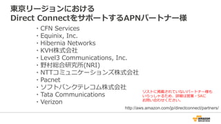 相互接続ポイントの主要なロケーション
Region Location
US East(Virginia) CoreSite NY1 & NY2
Equinix DC1 – DC6 & DC10
US West (Northen Calfornia) CoreSite One Wilshire & 900 North Alameda, CA
Equinix SV1 & SV5
US West (Oregon) Equinix SE2 & SE3
Switch SUPERNAP 8
EU (Frankfurt) Equinix FR5
EU (Ireland) Eircom Clonshaugh
TelecityGroup, London Docklands’
Asia Pacific (Singapore) Equinix SG2
China(北京) CIDS JIACHUANG IDC
SINNET JIUXIANQIAO IDC
Asia Pasific (Tokyo) Equinix TY2
Equinix OS1
South America (San Paulo) Terremark NAP do Brasil
https://aws.amazon.com/jp/directconnect/details/その他のロケーションはこちらを参照
 