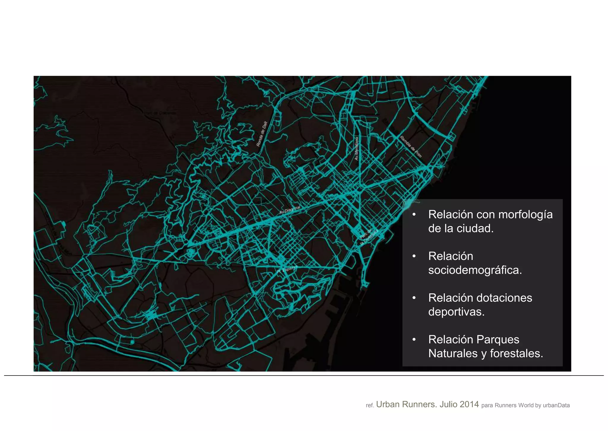 • Relación con morfología
de la ciudad.
• Relación
sociodemográfica.
• Relación dotaciones
deportivas.
• Relación Parques
Naturales y forestales.
ref. Urban Runners. Julio 2014 para Runners World by urbanData
 