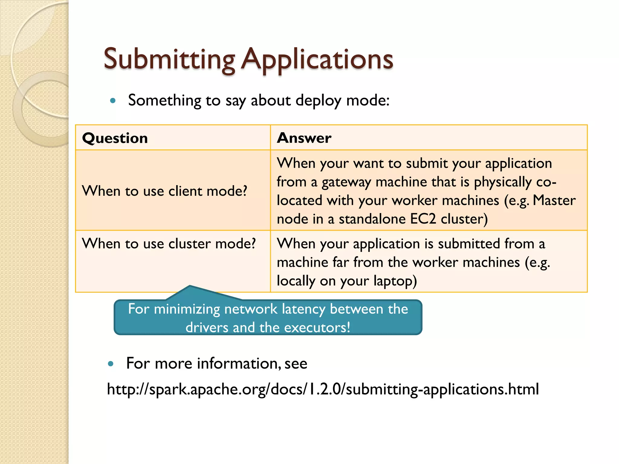 Submitting Applications
 Something to say about deploy mode:
Question Answer
When to use client mode?
When your want to submit your application
from a gateway machine that is physically co-
located with your worker machines (e.g. Master
node in a standalone EC2 cluster)
When to use cluster mode? When your application is submitted from a
machine far from the worker machines (e.g.
locally on your laptop)
For minimizing network latency between the
drivers and the executors!
 For more information, see
http://spark.apache.org/docs/1.2.0/submitting-applications.html
 