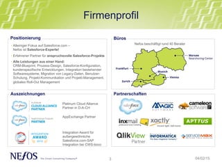 3
Firmenprofil
04/02/15
• Alleiniger Fokus auf Salesforce.com –
Nefos ist Salesforce-Experte!
• Erfahrener Partner für anspruchsvolle Salesforce-Projekte
• Alle Leistungen aus einer Hand:
CRM-Blueprint, Prozess-Design, Salesforce-Konfiguration,
kundenspezifische Entwicklungen, Integration bestehender
Softwaresysteme, Migration von Legacy-Daten, Benutzer-
Schulung, Projekt-Kommunikation und Projekt-Management,
globales Roll-Out Management
Positionierung
Auszeichnungen
Nefos beschäftigt rund 40 Berater
Büros
Platinum Cloud Alliance
Partner in D-A-CH
Integration Award für
außergewöhnliche
Salesforce.com-SAP
Integration bei CWS-boco
Partnerschaften
AppExchange Partner
 