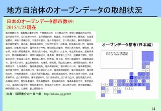 14
地方自治体のオープンデータの取組状況
出典：福野泰介の一日一創 http://fukuno.jig.jp/805
日本のオープンデータ都市数89：
2015/1/23現在
 