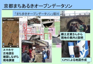 37
京都まちあるきオープンデータソン
郷土史家さんから
現地の案内と説明
GPSによる地図作成
スマホで
古地図を
確認しながら
現地調査
 